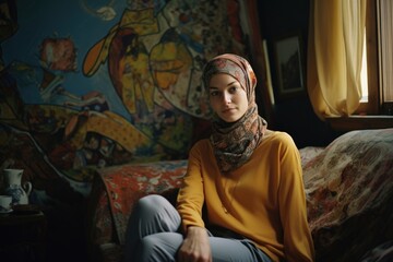 figure of woman wearing hijab, in prime of life, can be seen in cozy home setting. woman surrounded by art productive coping mechanism demonstrating internal locus of control thats been developed