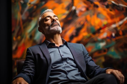 Embodied by overworked yet determined middleaged Latino man, often forgotten art of controlled breathing reflects busy corporate offices paradox. Amid anxietyfilled environment, he uses deep,