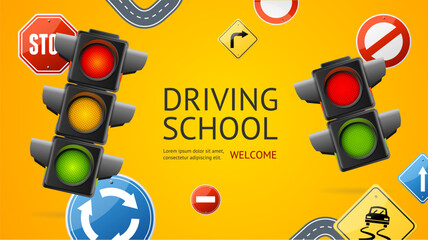 Realistic Detailed 3d Driving School Ads Banner Concept Poster Card. Vector illustration of Education, Training and Exam Rules of the Road - 646047917