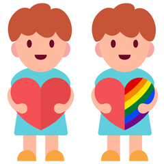 Kid holding a red heart and a rainbow colored heart flat style vector illustration, Boy holding a heart LGBT represent stock vector image