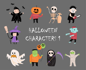 Doodle style halloween cartoon characters . Gray isolate background . Vector . Set 1 of 4 .