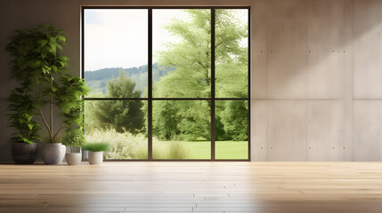 Modern contemporary loft empty room with open door to garden 3d render. The Room. have concrete and wooden plank wall, parquet floor, plants, panoramic window. © Prasanth