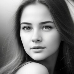 Fototapeta premium Monochrome detailed graphite pencil drawing portrait of a beautiful young woman. Generative AI