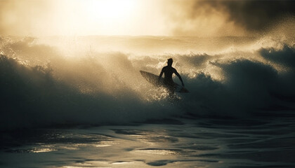 Muscular men surfing in Bali large waves at sunset generated by AI - obrazy, fototapety, plakaty