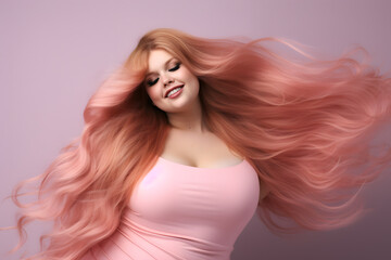 Fototapeta premium Beautiful smiling fat woman with long color hair. Body positive, plus size concept.