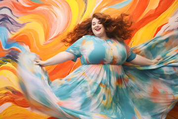 Beautiful  smiling fat woman with long color hair. Body positive, plus size concept.
