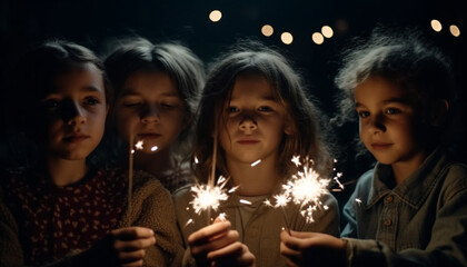 Fototapeta premium Cute children igniting flame, enjoying party, creating happiness outdoors generated by AI