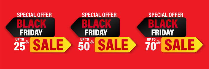 Fototapeta premium set 25%, 50%, 70% discount for Black Friday banner. Modern design black, red, white and yellow typography. Template for promotion, advertising, and web Black Friday season. Vector illustration.