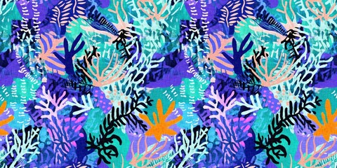 Tropical modern coastal pattern clash fabric coral reef border print for summer beach textile designs with a linen cotton effect. Seamless trendy underwater kelp and seaweed ribbon edge background