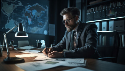 Confident businessman sitting at desk, using technology for creative planning generated by AI