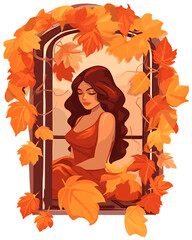 Fall Autumn Sticker with Cute Girl cartoon Illustration