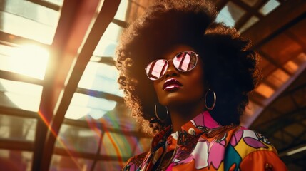Dreamful Retro fashion enthusiast people in a 90s and 2000s inspired style. Fashion woman from 90s wears sunglasses - obrazy, fototapety, plakaty
