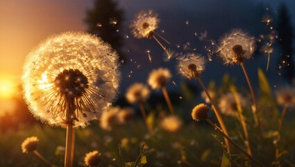 Fluffy dandelion and flying seeds outdoors at sunset