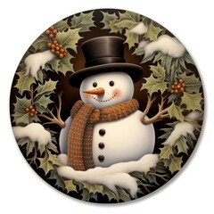 a happy snowman in a top hat and scarf with holly and berries, happy snowman in top hat and scarf, happy snowman with holly and berries, happy snowman wreath, snowman wreath, easy to cut out, isolated