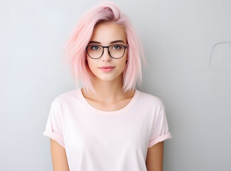 Young beautiful pink hair woman model in white t-shirt posing on light background - obrazy, fototapety, plakaty