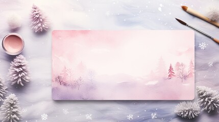 Paint brush and palette on a winter background with snowflakes, Christmas illustration banner, ai generative