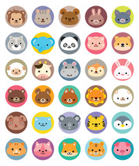 Set of face cute animals,  Animal avatars element collection, lovely animal stickers, Vector illustrator