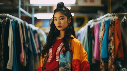 Bright Retro fashion enthusiast people in a 90s and 2000s inspired style. Pretty asian fashion girl from 90s