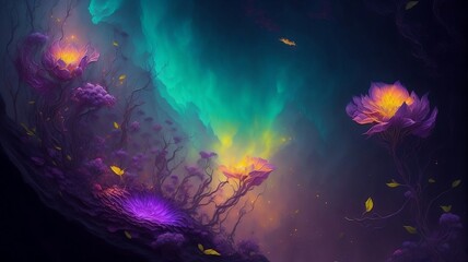 Fototapeta na wymiar Beautiful eye catching , colorful fantasy flowers underwater in different realm wallpaper.AI generated Art