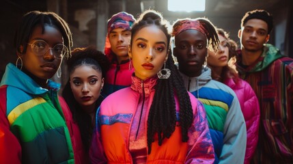 Group of Retro fashion enthusiasts people in a 90s and 2000s inspired style. Retro fashion trend - obrazy, fototapety, plakaty