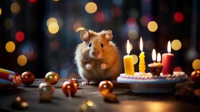 A cute furry animal with a birthday cake. Happy birthday. Cute birthday card image. Adorable. Candles. Cupcakes.  Animals doing human things.