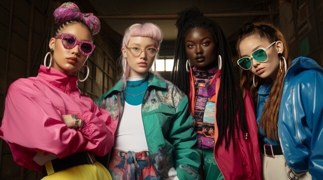 Diverse Retro fashion enthusiast group of people in a 90s and 200s inspired style. Diversity.