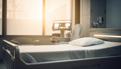 Comfortable modern bedroom with clean bedding and illuminated window generated by AI