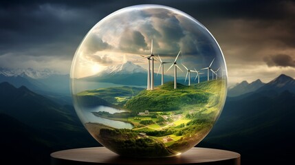  mesmerizing picture of a glass globe with a holographic projection of wind turbines set against a picturesque landscape, illustrating the aesthetics of wind energy