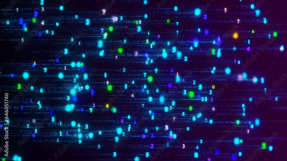 Poster flying random numbers. blue matrix background. stream of decimal digits. 3d render