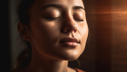 Serene young woman in casual elegance, eyes closed in contemplation generated by AI