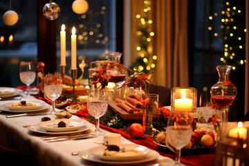Elegant Christmas Dinner Table Set for a Festive Holiday Night - Created with Generative AI Tools