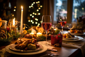 Fototapeta na wymiar Elegant Christmas Dinner Table Set for a Festive Holiday Night - Created with Generative AI Tools