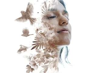 A conceptual paintography portrait of a woman with eyes closed and smiling © DAZOKA.com
