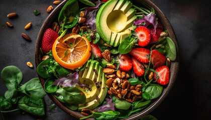 Fresh salad bowl with organic vegetables, avocado, and ripe tomato generated by AI