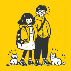 Naklejka premium A couple with two cats on a bright yellow background. Doodle sharpie style. Illustrated vector file.