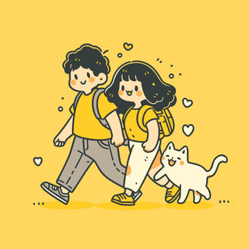 A couple with two cats on a bright yellow background. Doodle sharpie style. Illustrated vector file.