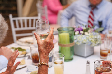 Hands clinking glasses, symbolizing celebration, toasts, and business success with wine, beer, or juice