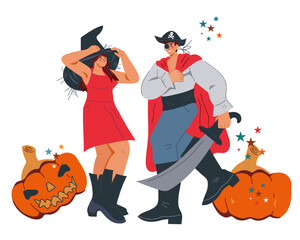 Halloween banner backdrop with people have holiday party. Halloween design for party carnival invitation and postcards, banner and poster, flat vector isolated illustration on white.