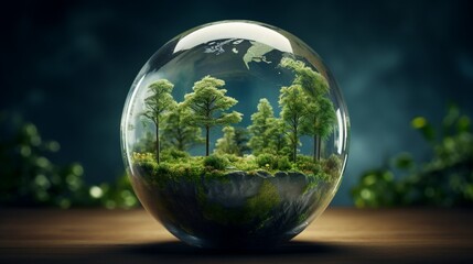 Obraz na płótnie Canvas 1 Capture a visionary image of a glass globe encased in a transparent dome, shielding it from environmental threats and symbolizing the importance of protecting our planet