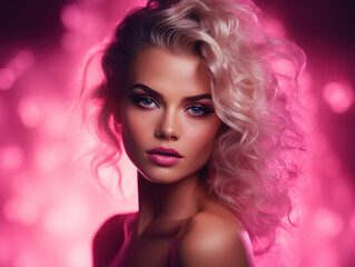 Fototapeta premium Close up portrait of a girl in a pink backllight
