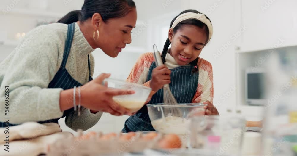 Poster Help, talking and mother and child baking in the kitchen for food, cooking and learning together. Family, house and a young mom teaching a girl kid for breakfast, lunch or a dessert with conversation