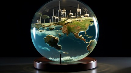1 Capture an inspiring image of a glass globe with miniature tidal turbines inside, emphasizing the potential of marine energy in coastal regions