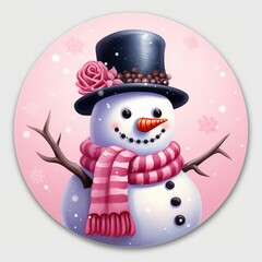 a happy pink snowman in a top hat and scarf with holly and flowers, happy snowman in top hat and scarf, happy snowman with holly and roses, pink, happy snowman wreath, snowman wreath, easy to cut out