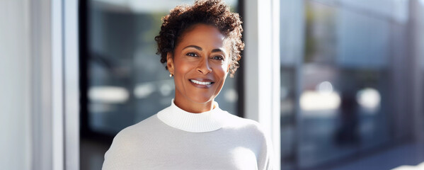 Lifestyle portrait of happy professional black woman standing in front of modern office building