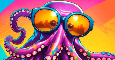 Octopus wearing sunglasses on a colorful background