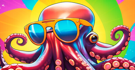 Octopus wearing sunglasses on a colorful background