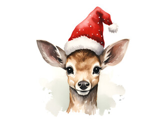 Cute Christmas reindeer with a red hat, on white background background