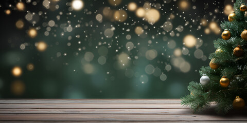 Empty wood table with Christmas decor and blurred green background with lights