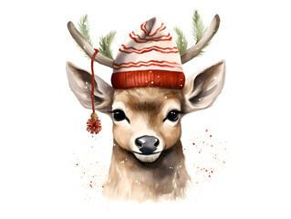 Cute Christmas reindeer with a red hat, on white background background
