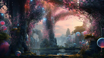 depiction of crystal orb-shaped forest at twilight bubbles bloom like exotic flower - obrazy, fototapety, plakaty